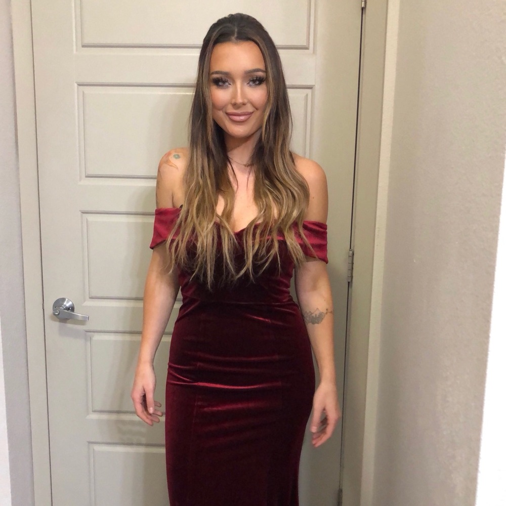 Off the shoulder dark red velvet evening gown